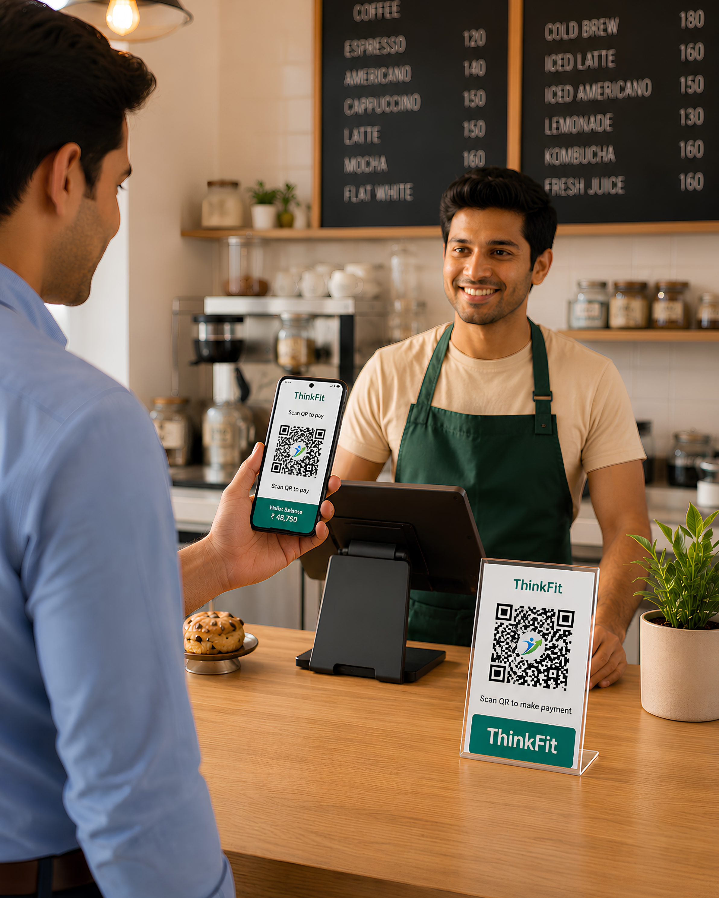 ThinkFit QR code stand on a café counter